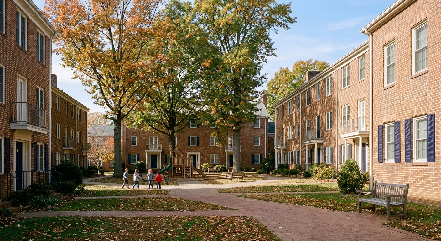 A brick garden-apartment courtyard with mature oaks and a small playground in autumn