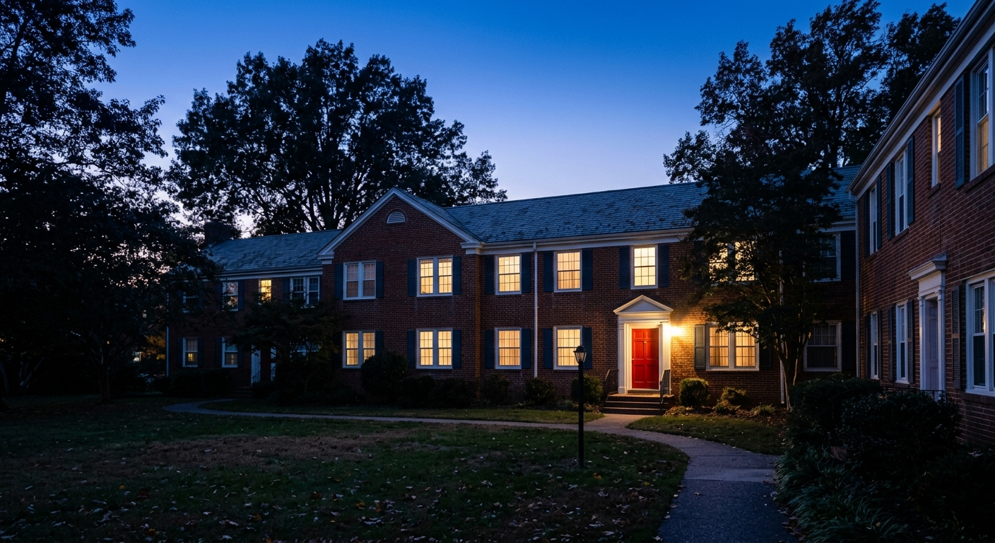 A brick garden-apartment building at blue hour with warm light in its windows
