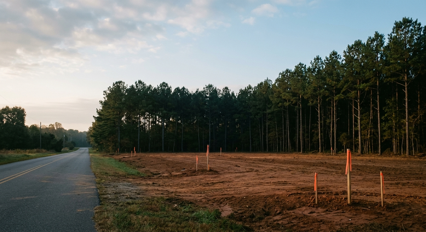 A freshly graded building lot with survey stakes beside a two-lane Virginia road, pine trees behind
