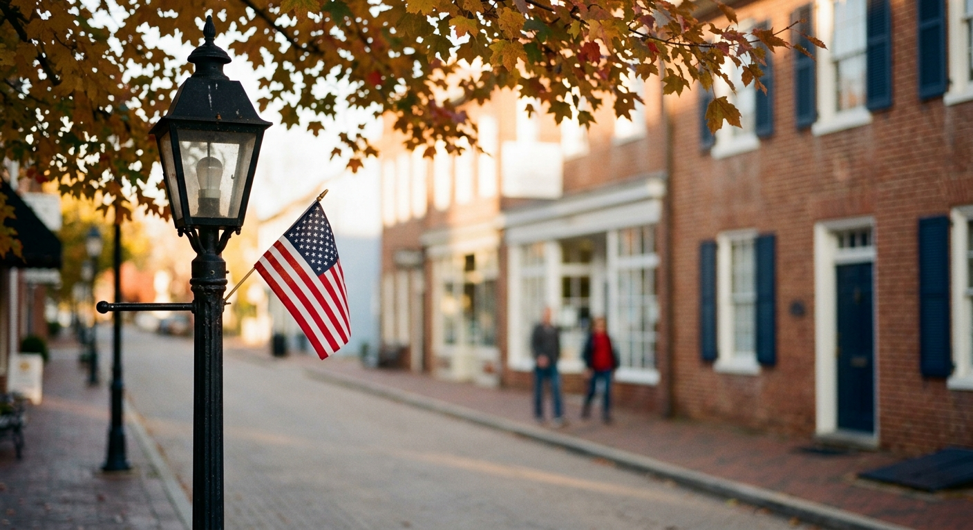 A small-town main street of brick storefronts with American flags on the lamp posts in autumn