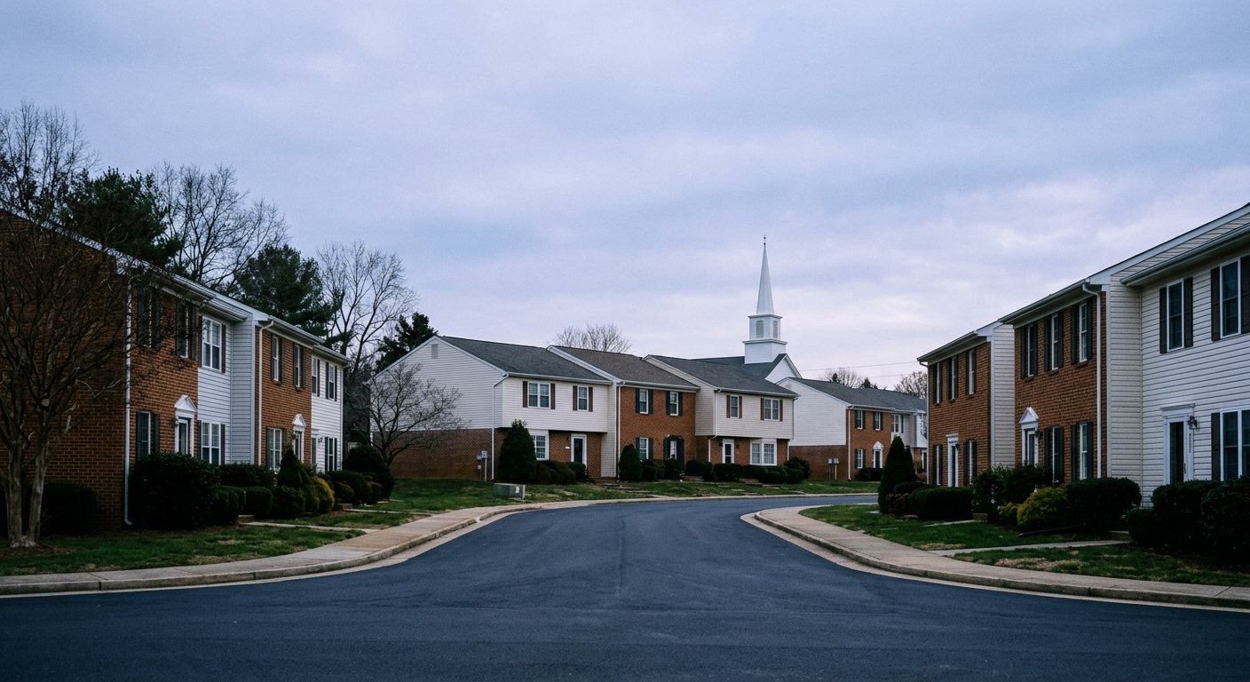 A white colonial church steeple rising above a residential street under a clear blue sky