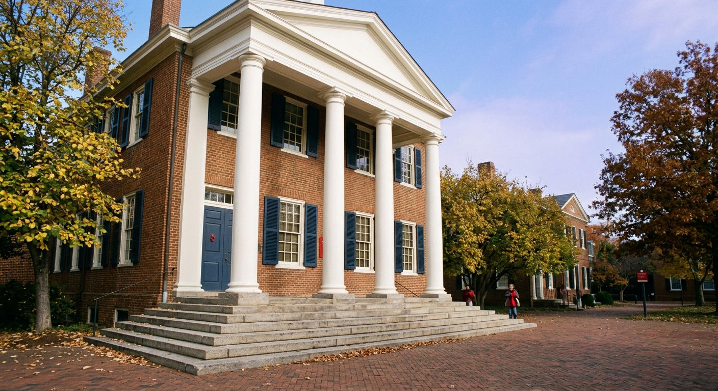 A red-brick colonial-revival civic building with white columns under a clear autumn sky