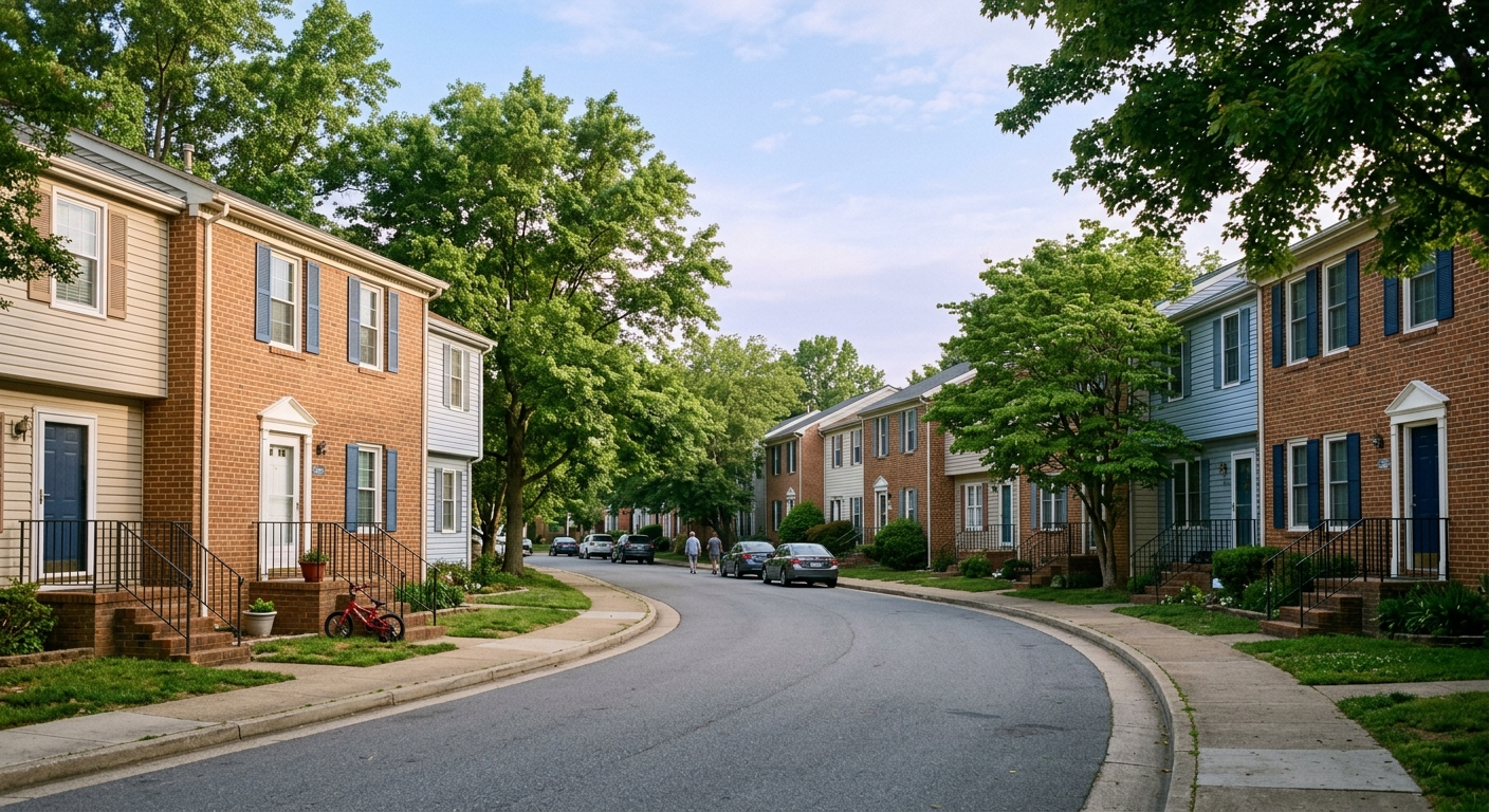 A curving small-town street of brick and vinyl-sided townhomes under mature trees in early summer