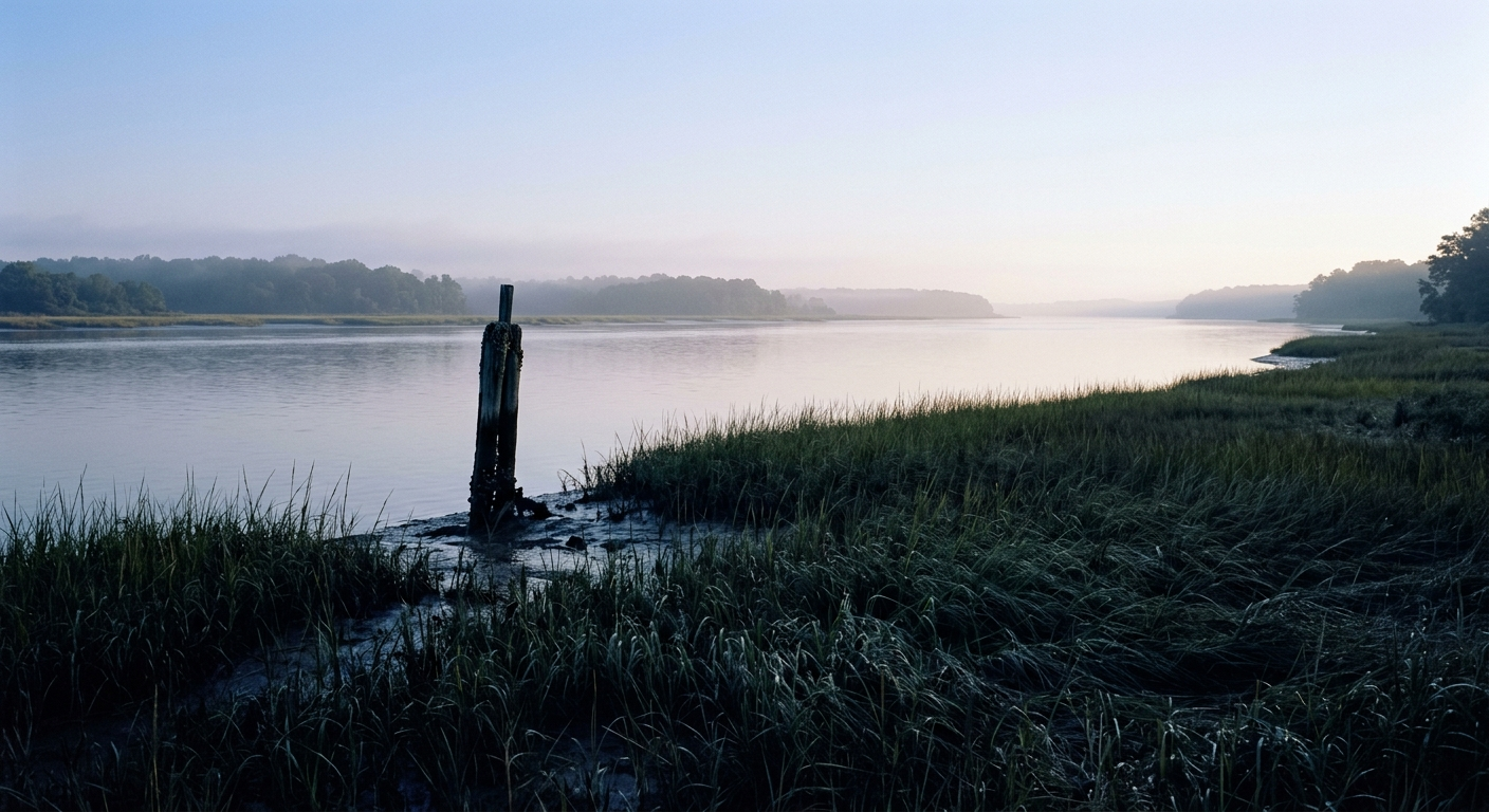 A quiet tidal river shoreline at dawn, marsh grass and calm water with a hazy far shore