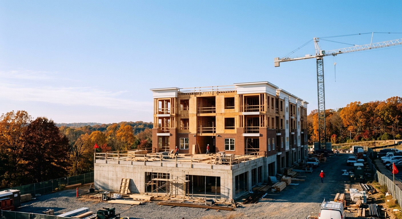 A four-story wood-frame apartment building under construction, a tower crane in the distance under a crisp autumn sky