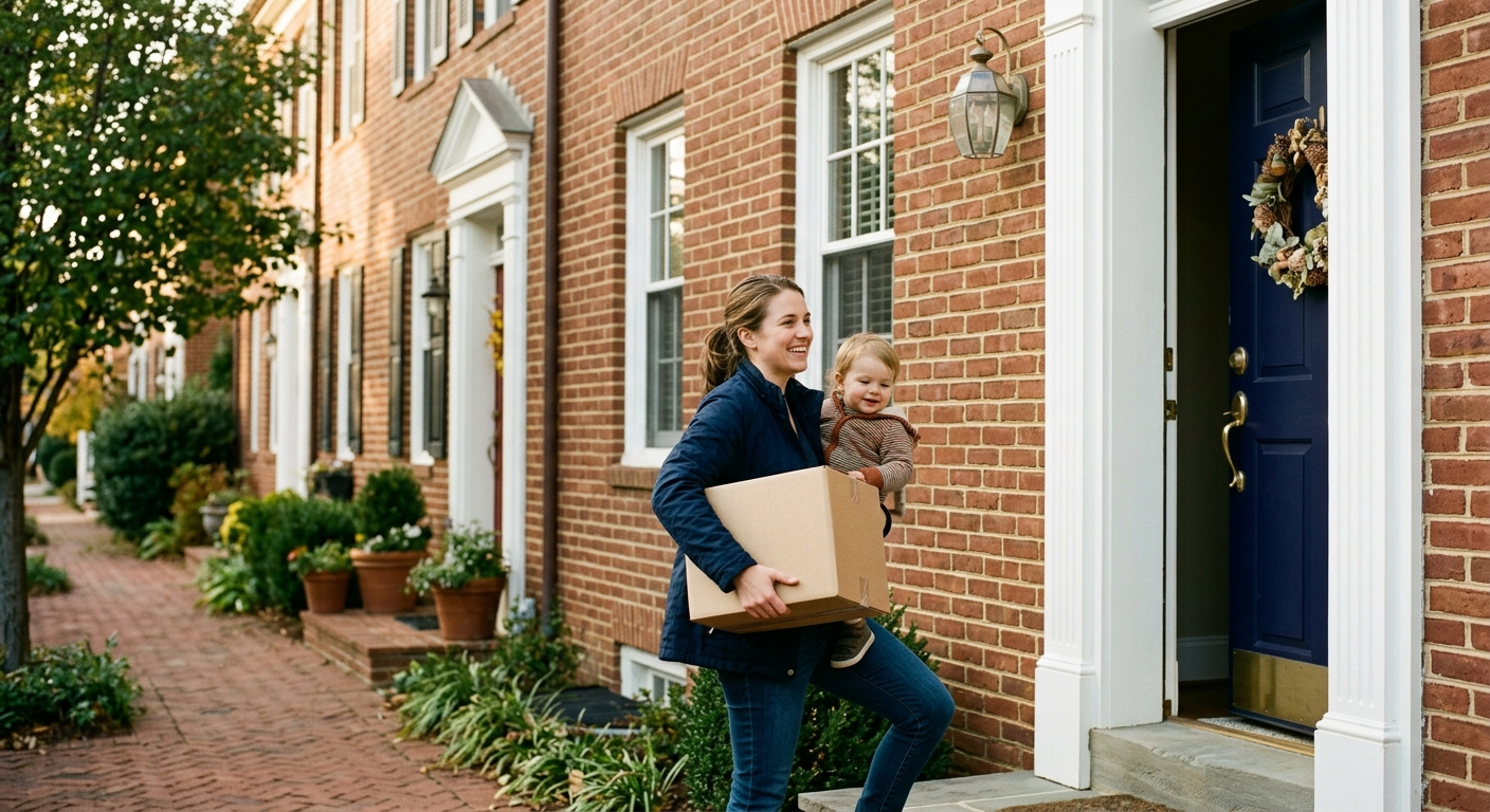 A young family carrying moving boxes into a new brick townhome, a parent holding a small child