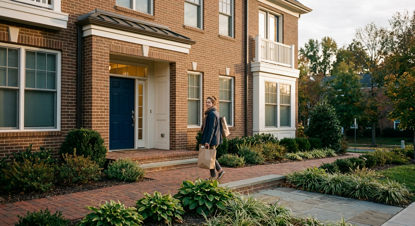 A woman carrying grocery bags up a landscaped walkway to the entry of a new brick apartment building