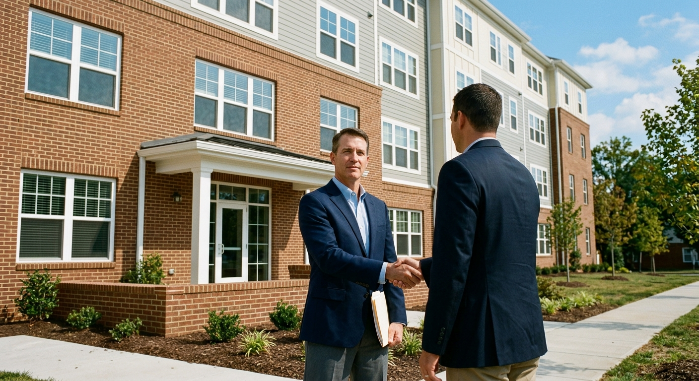 Two professionals shaking hands on the walk outside a new brick apartment building