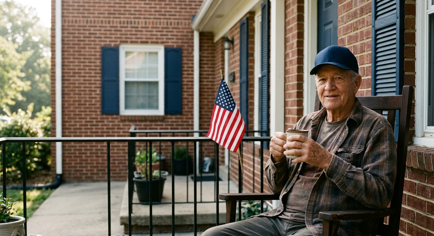An older man in a cap sitting on a brick apartment porch, a small American flag on the railing