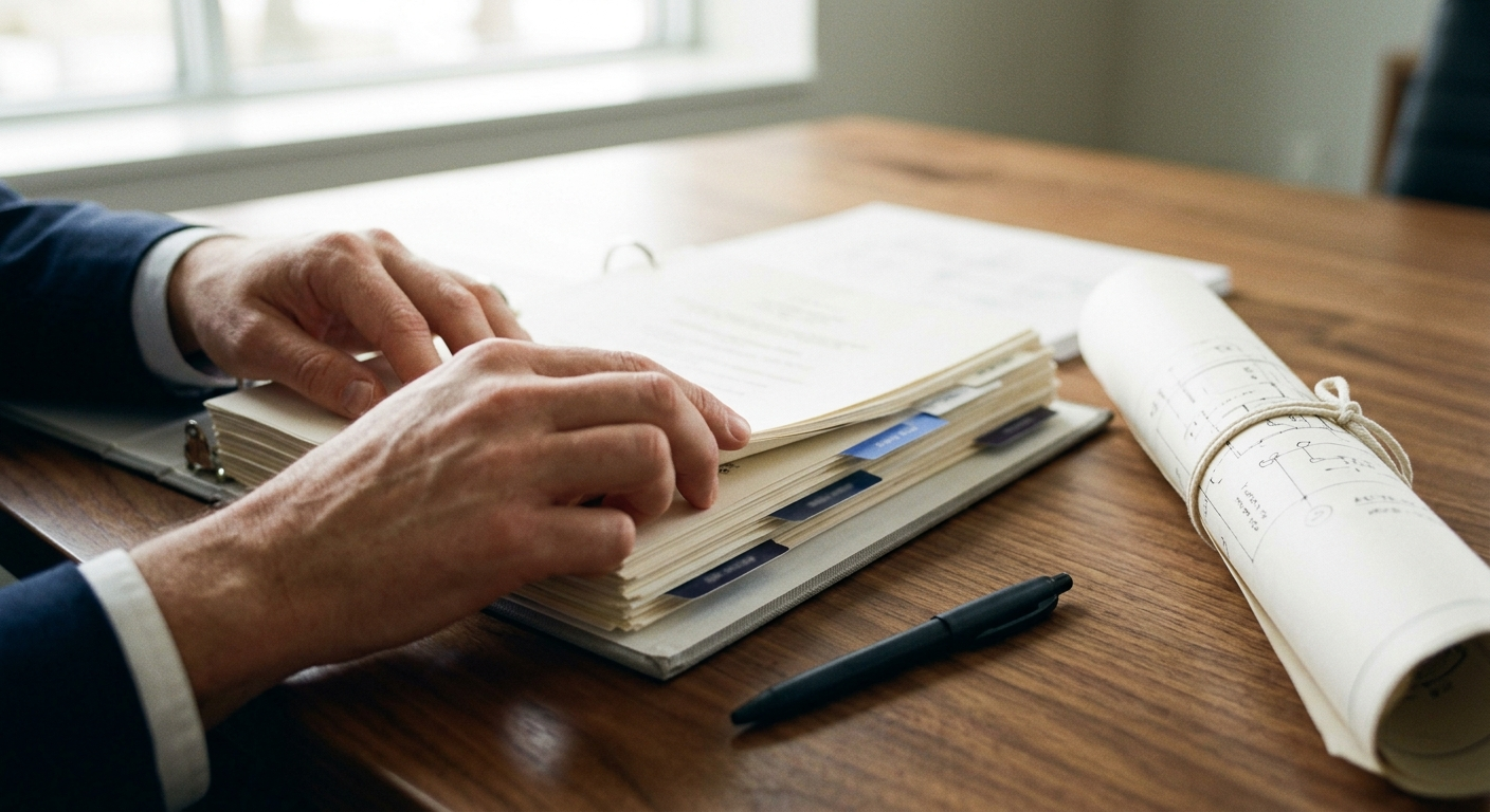 Hands turning the tabbed dividers of a thick application binder beside a rolled site plan