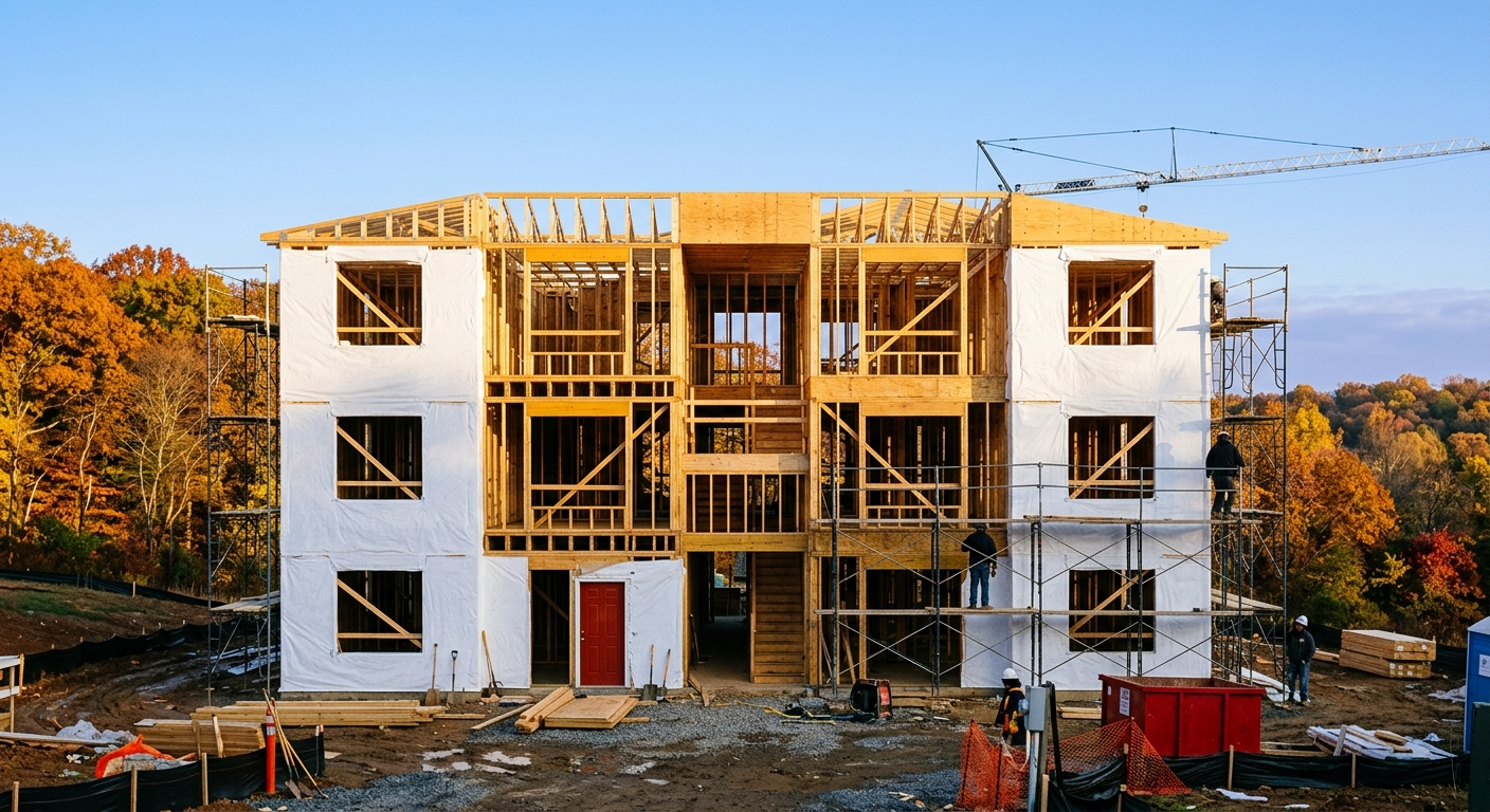 A wood-frame garden apartment building under construction, wrapped in house wrap and scaffolding