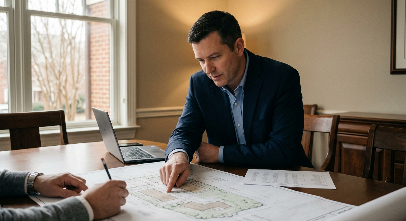 A development consultant reviewing a site plan with an architect at a conference table