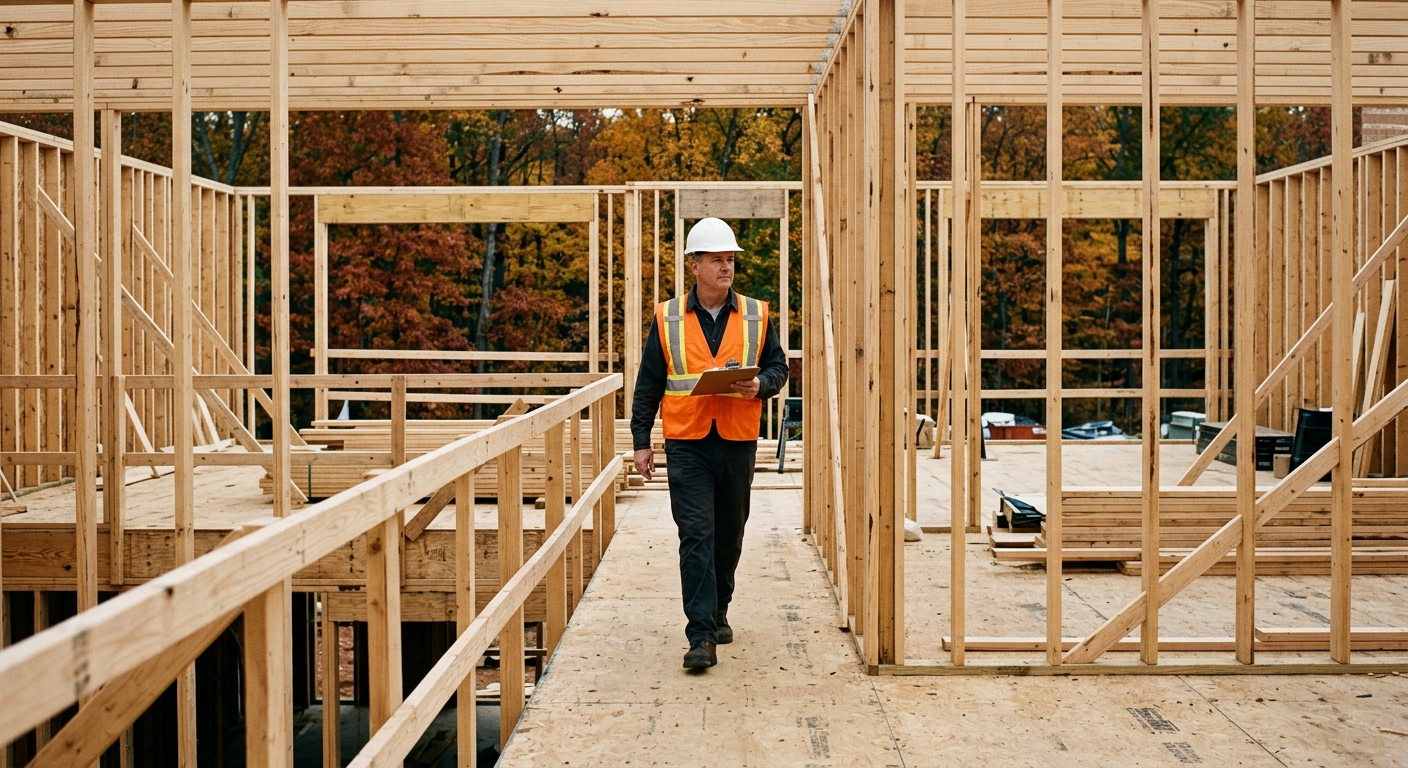 A construction manager in a hard hat and safety vest walking through a wood-framed building