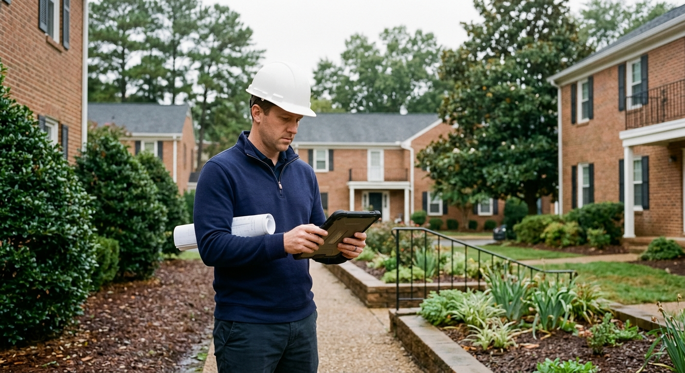 A man in a hard hat reviewing a tablet on the walk of an existing brick apartment community