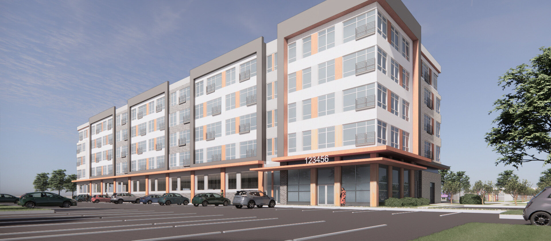 The Maple, Chantilly, VA — architectural rendering of a five-story apartment building at a street corner