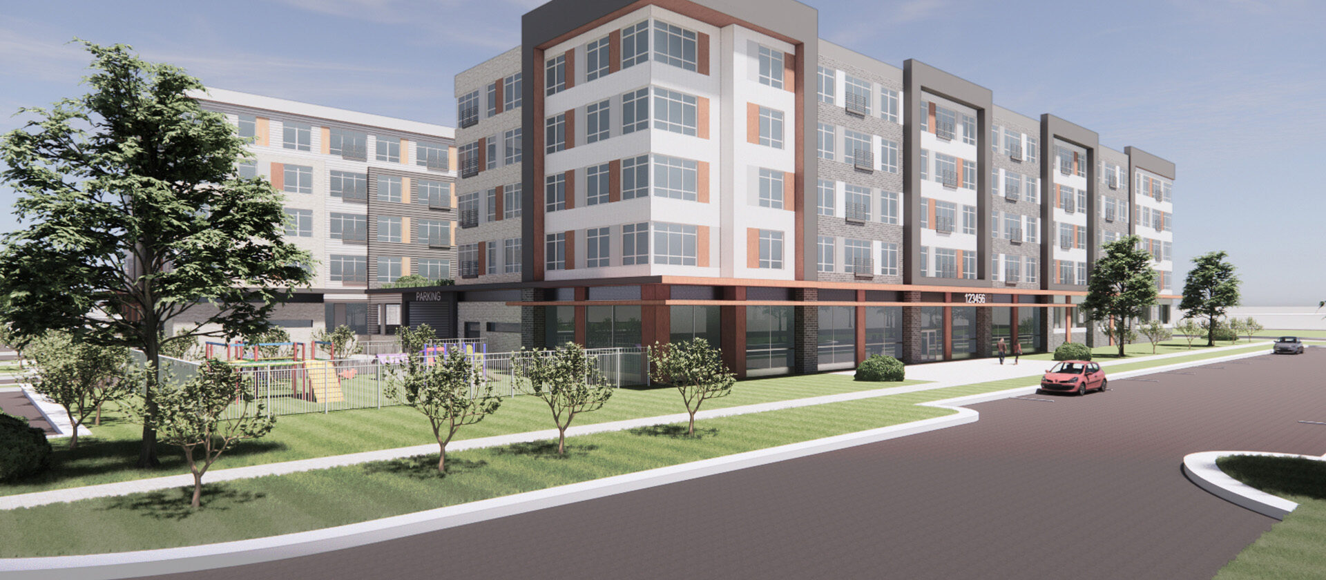 The Maple, Chantilly, VA — architectural rendering of the courtyard and playground side of the building