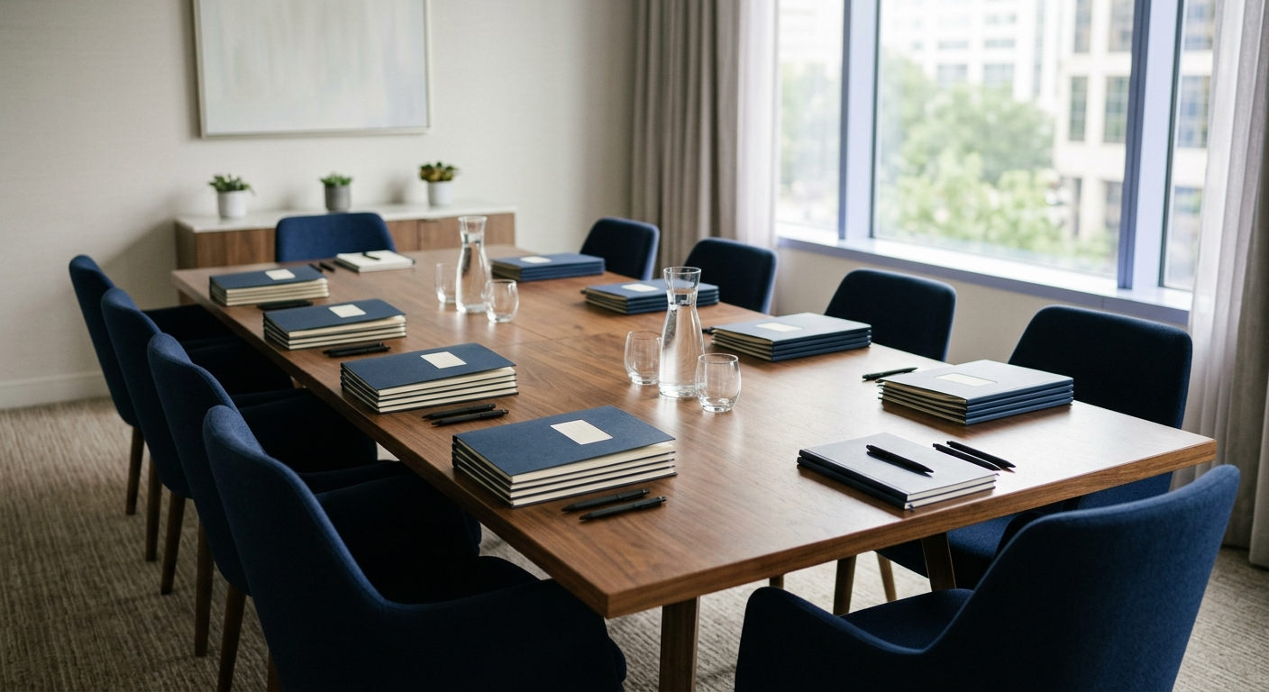 A conference room set for a closing, with binders and pens at each seat